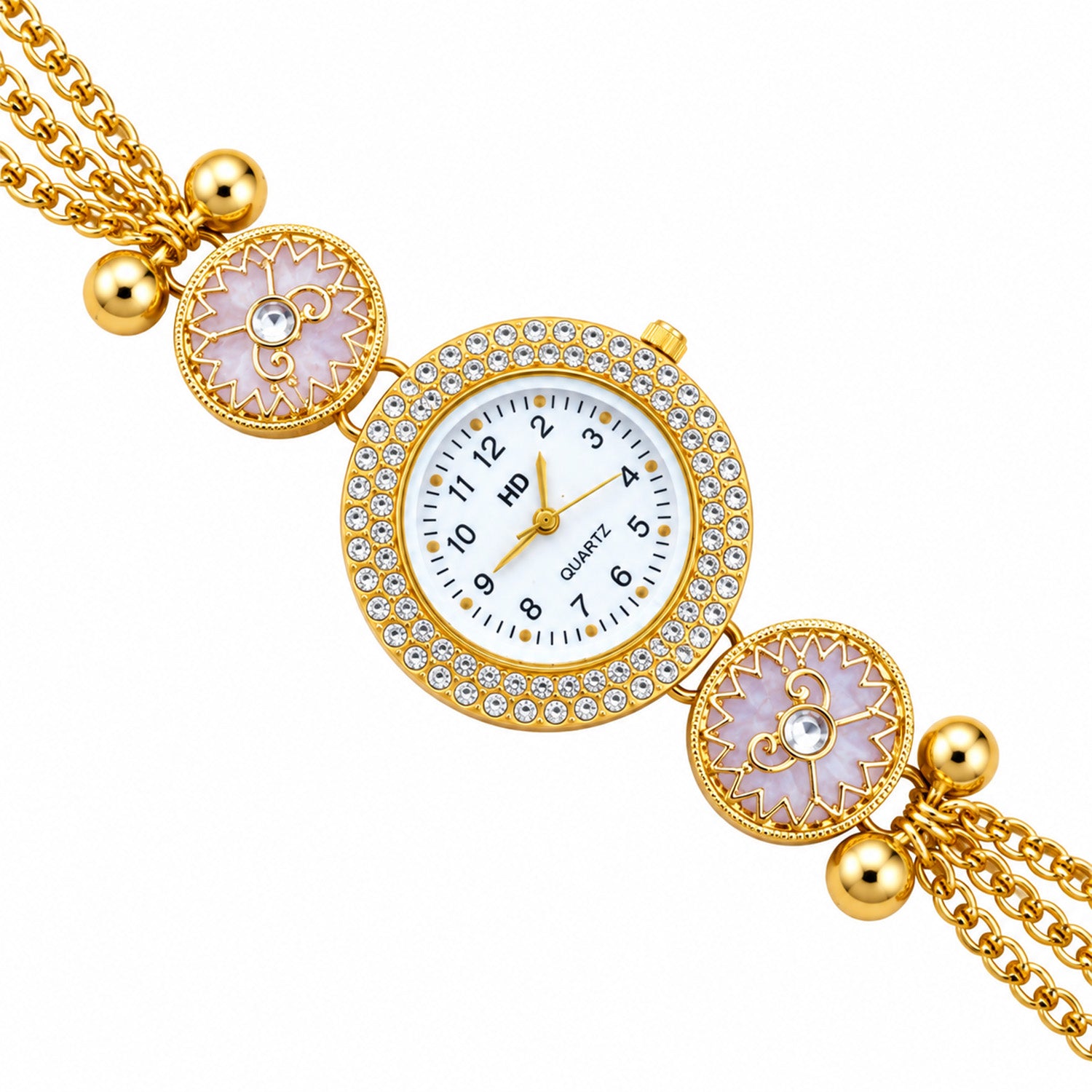 Gold Tone Crystal Dial Kashmiri Watch with Floral Pearl Charms