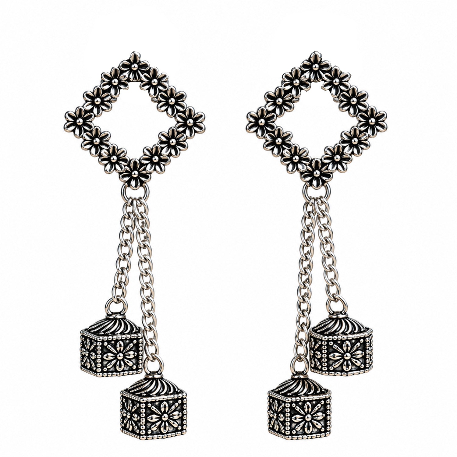 Oxidized Silver Floral Chain Earrings for Women