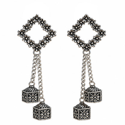 Oxidized Silver Floral Chain Earrings for Women