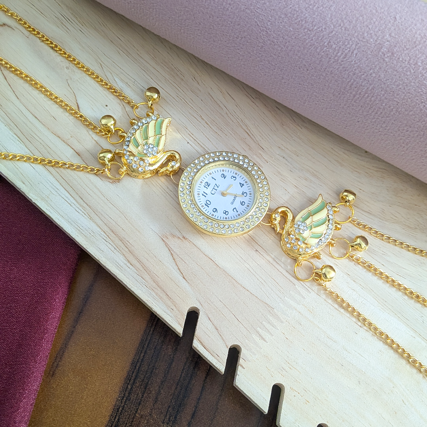 Swan Design Crystal Stone Kashmiri Watch for Girls & Women