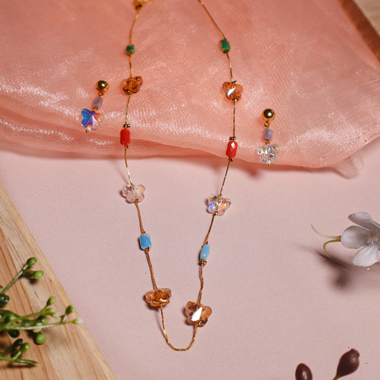 Butterfly Glow Multicolor Beaded Necklace With Earrings