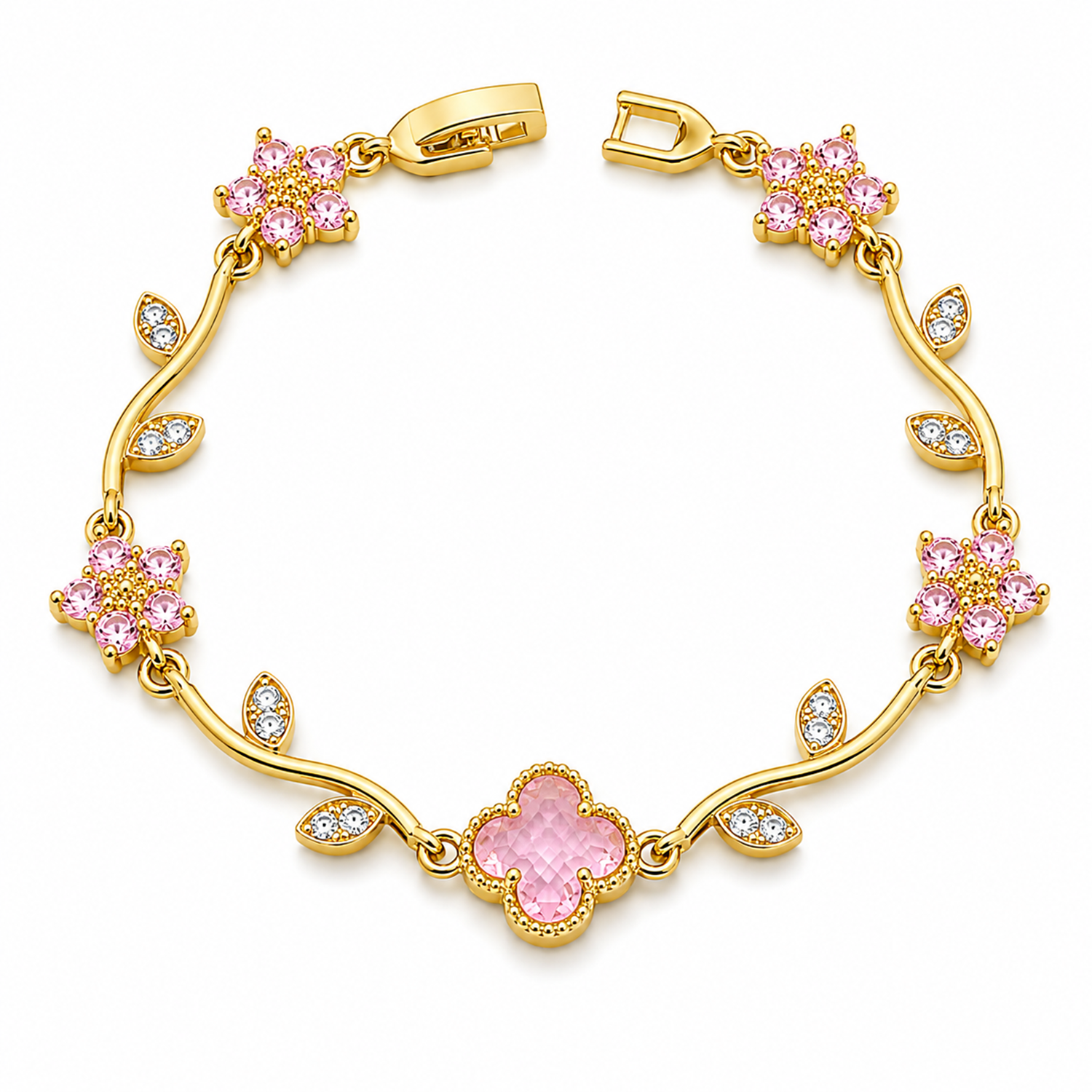 Elegant Gold Tone Floral Bracelet with CZ Stone for Women