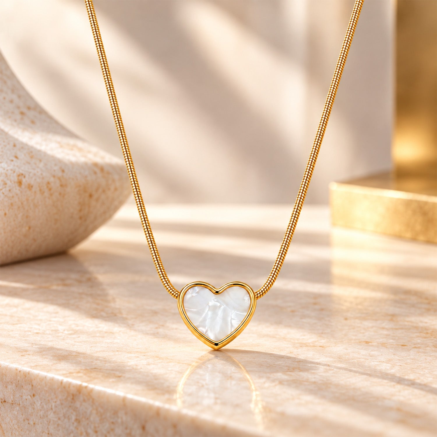 Gold Tone Heart Pendant with Pearl Effect Inlay for Girls and Women