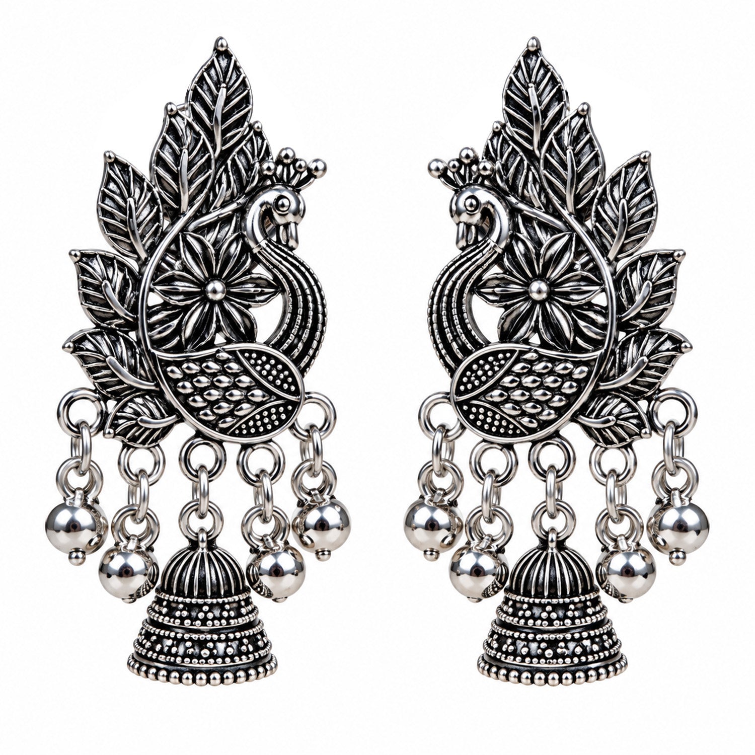 Oxidized Silver Leaf Jhumka Earrings for Women