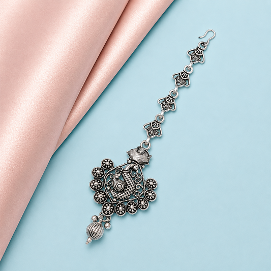Oxidized Silver Morni Design Maang Tikka for Girls & Women