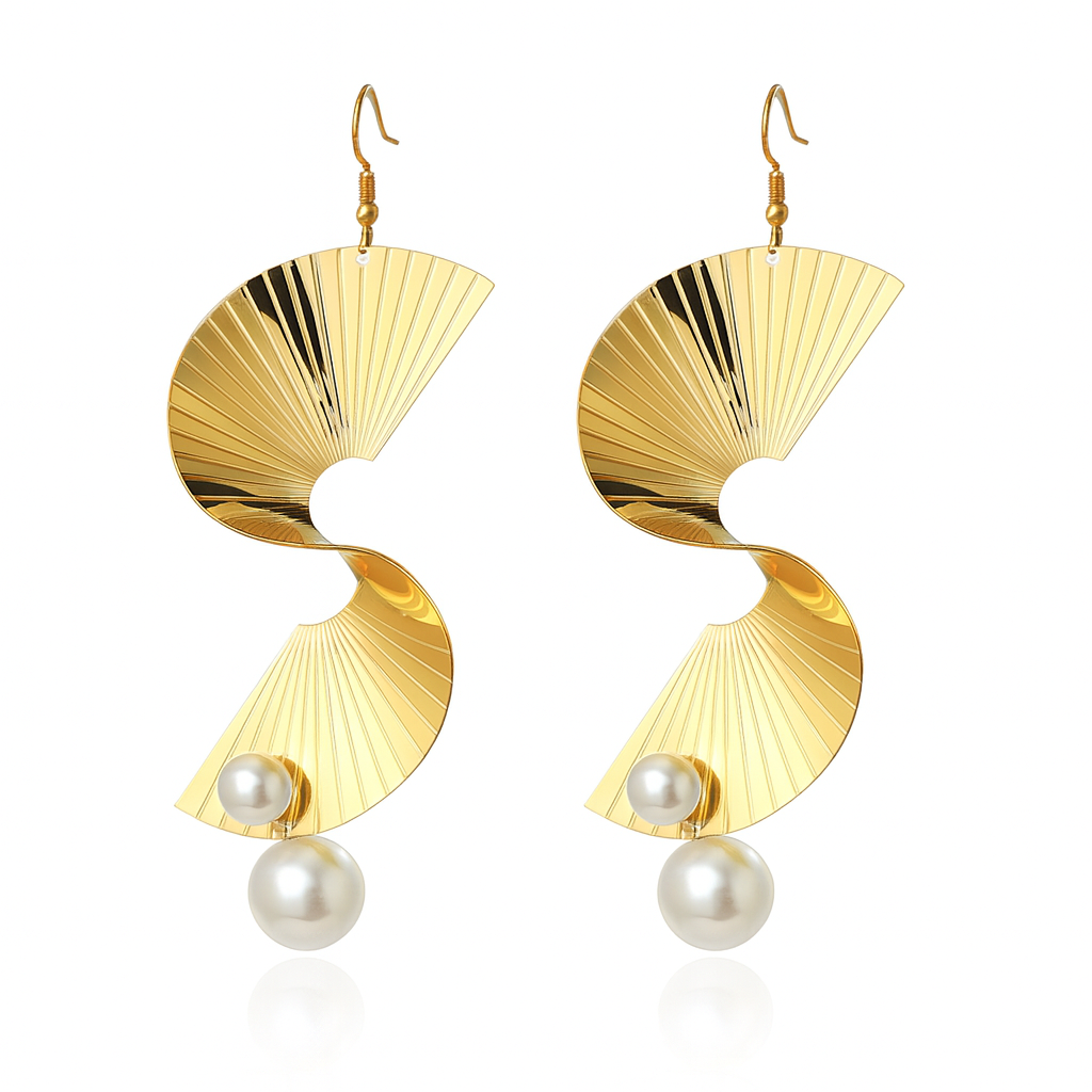 18K Gold Plated Twisted / Swirl Design and Pearl Drop Earrings (Anti-Tarnish)