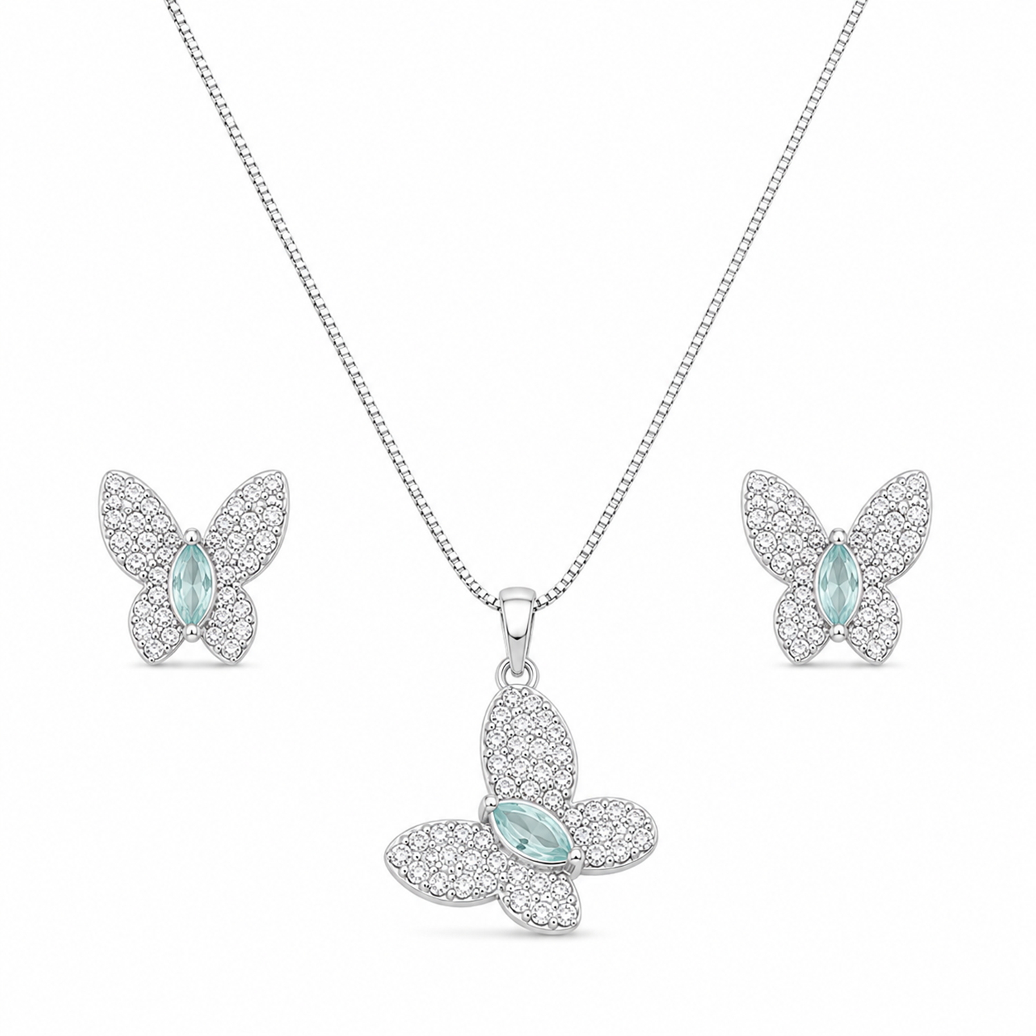 Butterfly AD Stone Rhodium Finish Pendant Set for Girls & Women's