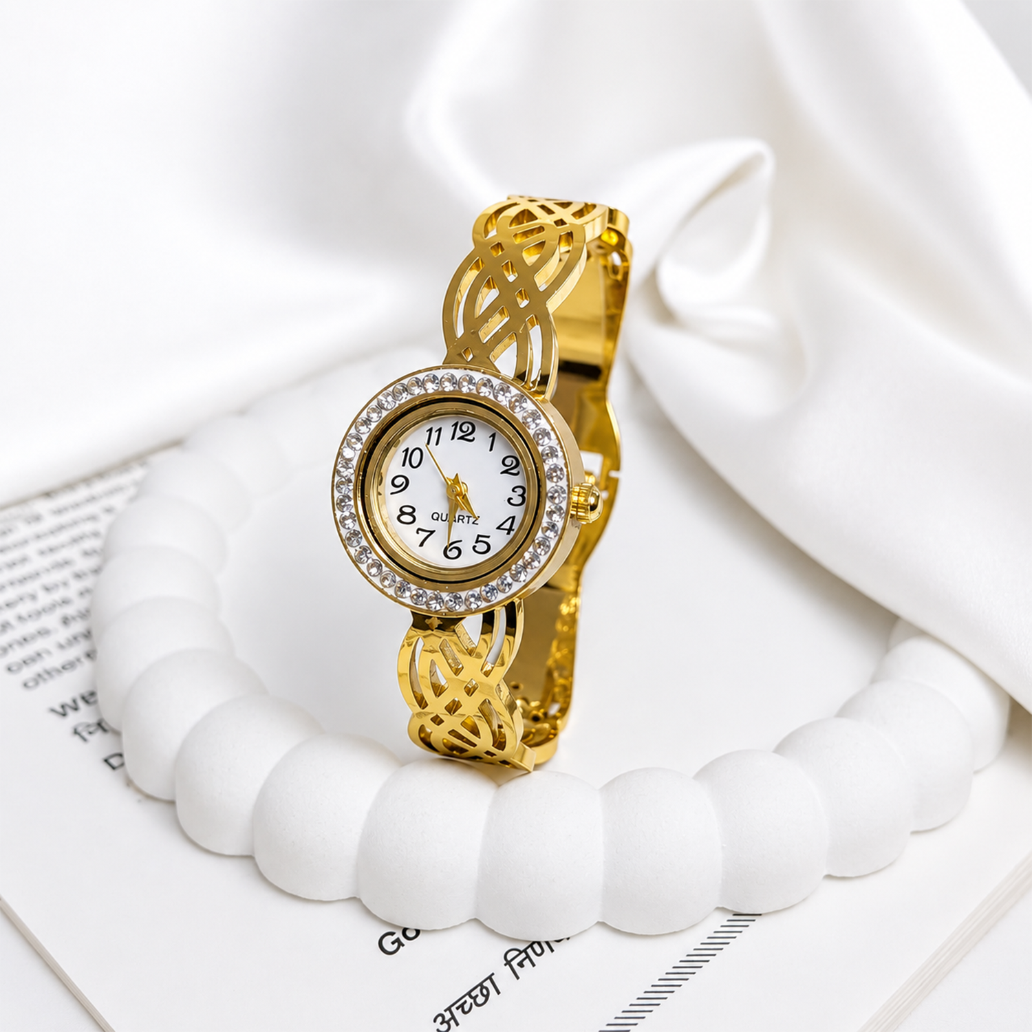 Traditional Intricate Bloom Design AD Studded Band Bracelet Watch For Girls & Women