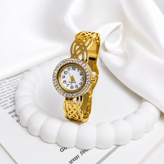 Traditional Intricate Bloom Design AD Studded Band Bracelet Watch For Girls & Women