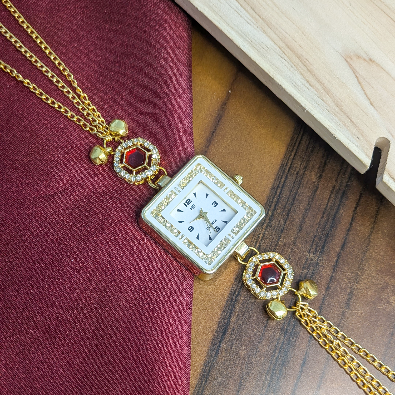 Gold Plated Square Dial Kashimiri Watch with CZ Stone Details