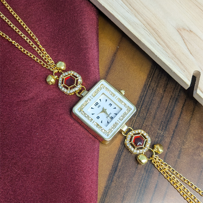 Gold Plated Square Dial Kashimiri Watch with CZ Stone Details