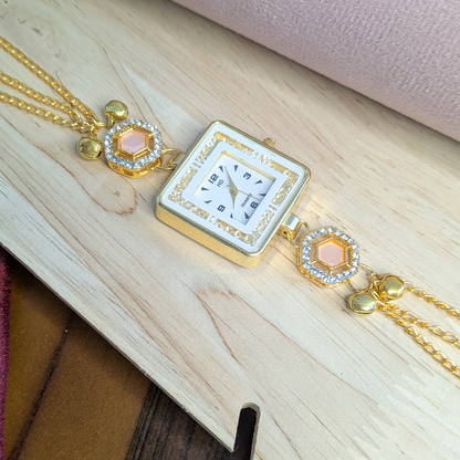 Gold Plated Square Dial Kashimiri Watch with CZ Stone Details