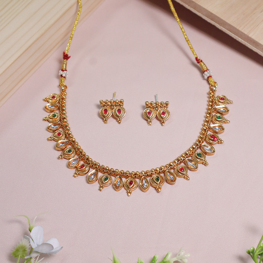 Gold Plated Teardrop Multi-Color Stone Studed Rajwada Necklace With Earrings