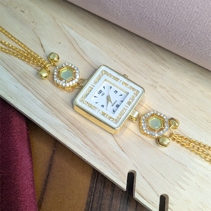 Gold Plated Square Dial Kashimiri Watch with CZ Stone Details