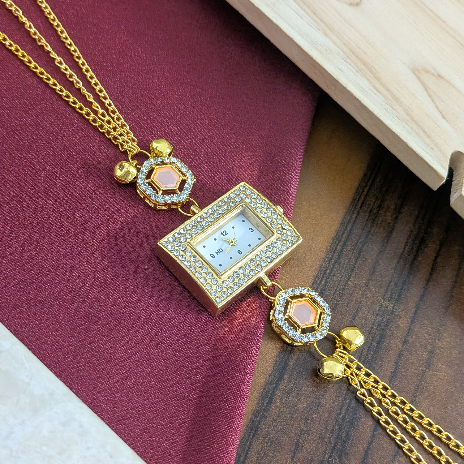 Gold Plated Crystal Stone Square Dial Kashmiri Watch for Girls & Women