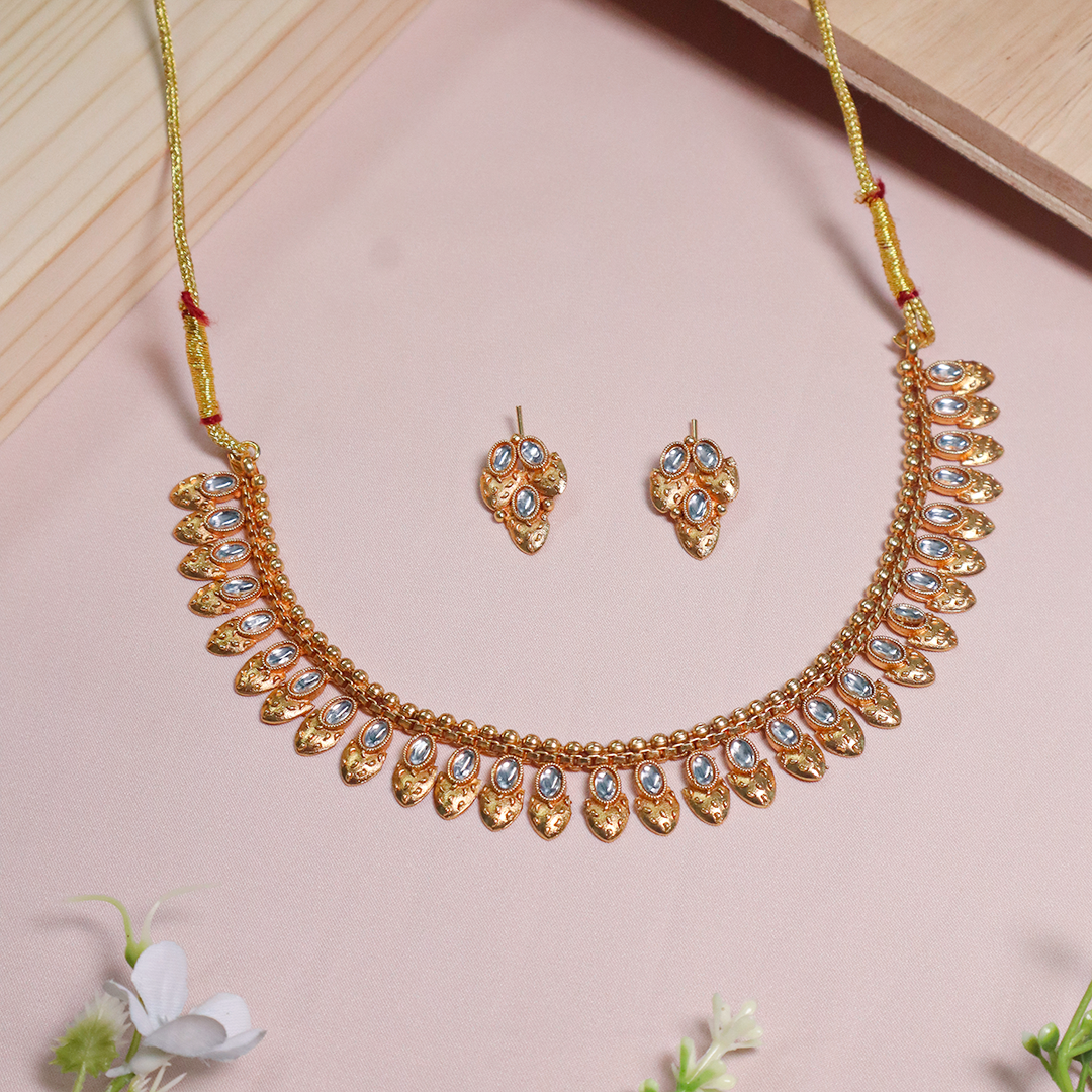 Gold Plated White Stone Studed Rajwada Necklace With Earrings