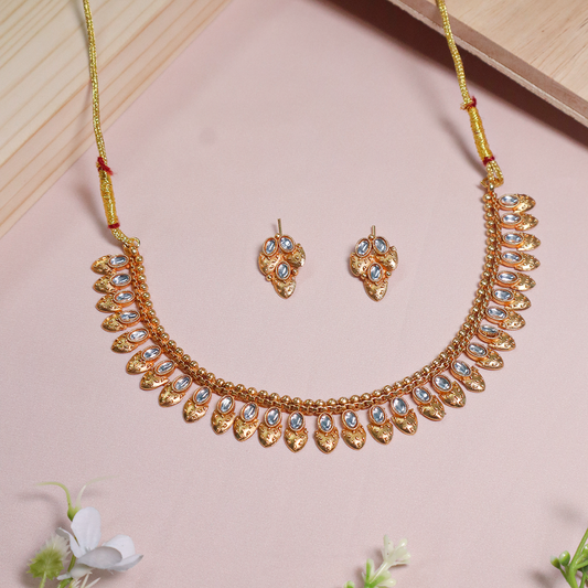 Gold Plated White Stone Studed Rajwada Necklace With Earrings