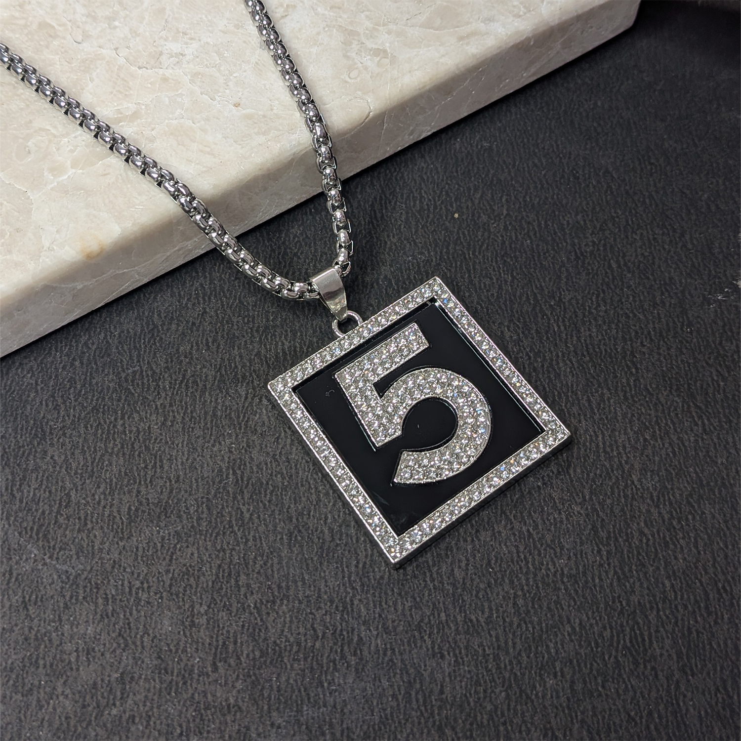 AD Stone Number 5 Square Brass Pendant With Stainless Steel Chain For Men & Boys