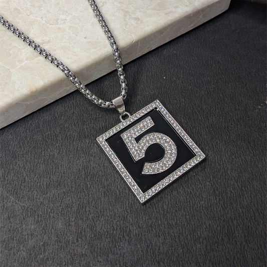 AD Stone Number 5 Square Brass Pendant With Stainless Steel Chain For Men & Boys