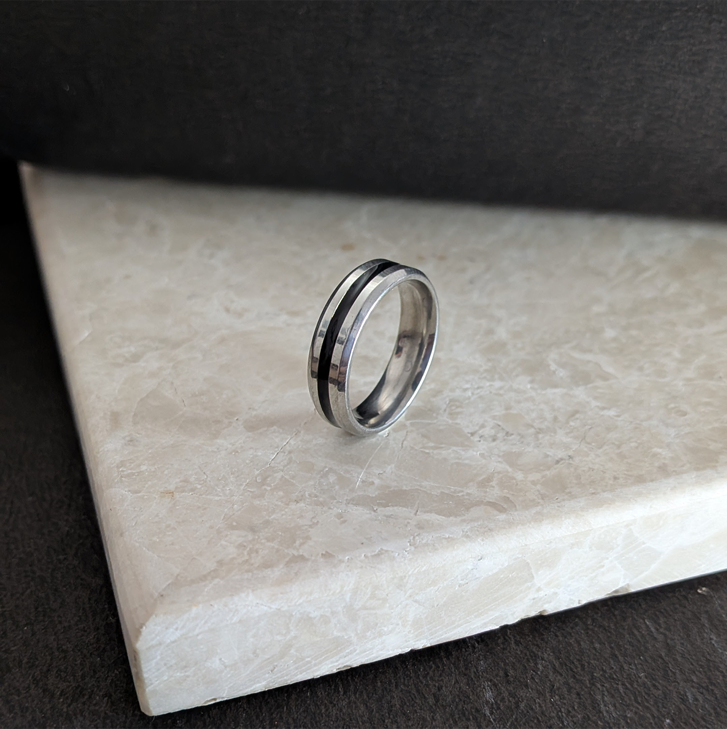 Distinct Black Inlay Groove Band Ring for Men & Women