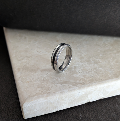 Distinct Black Inlay Groove Band Ring for Men & Women