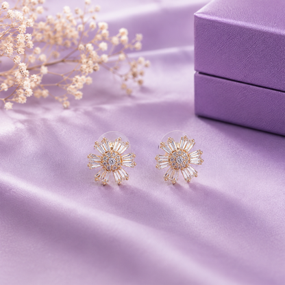 Flower Earrings with Radiating Baguette-Style AD for Women & Girls