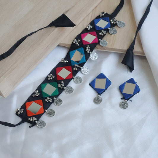 Multicolor Mirror Work Choker Set With Earrings And Handmade Fabric & Coin Detailing (Navratri Special)