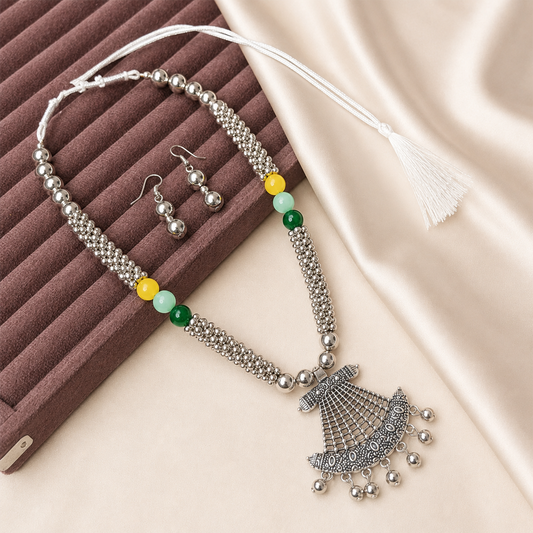 Oxidized Silver Bell Multi Beads Pendant Set for Girls & Women