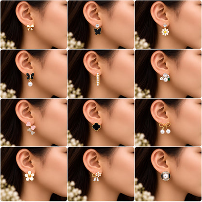 12 Pairs Assorted Pearl Floral Earrings Set for Women