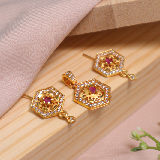 Gold Plated Ruby Hexagon Diamond Pendant with Stud Earrings