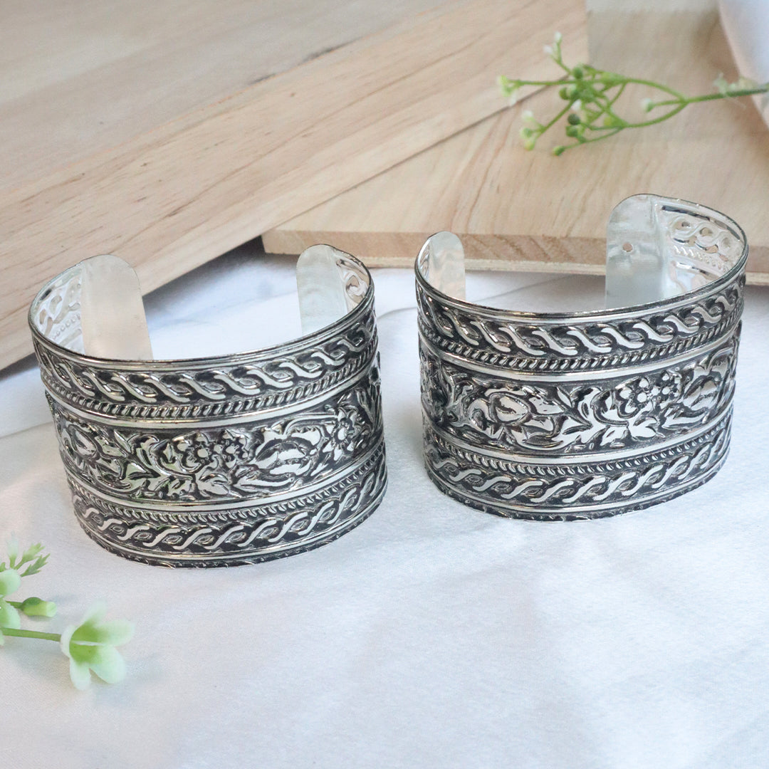 Oxidised Silver Engraved Floral Cuff Bracelet