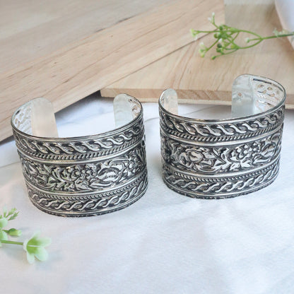 Oxidised Silver Engraved Floral Cuff Bracelet