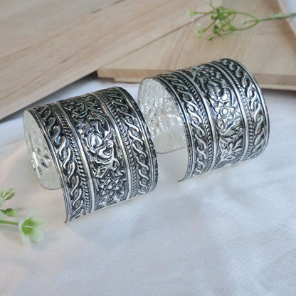 Oxidised Silver Engraved Floral Cuff Bracelet