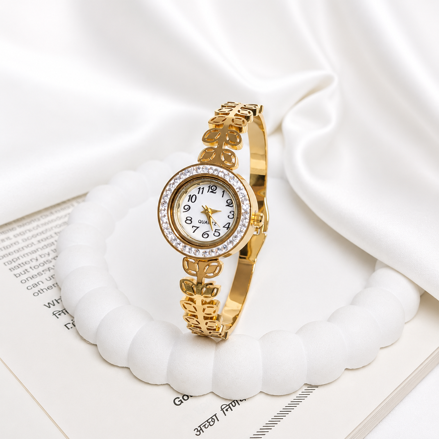 Modern Leaf Design AD Studded Band Bracelet Watch For Girls & Women