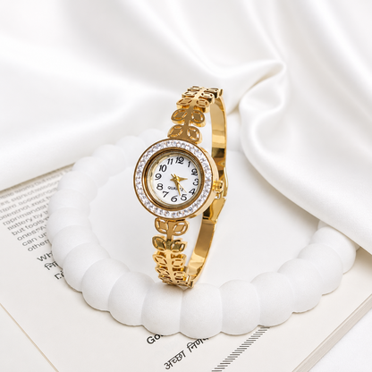 Modern Leaf Design AD Studded Band Bracelet Watch For Girls & Women