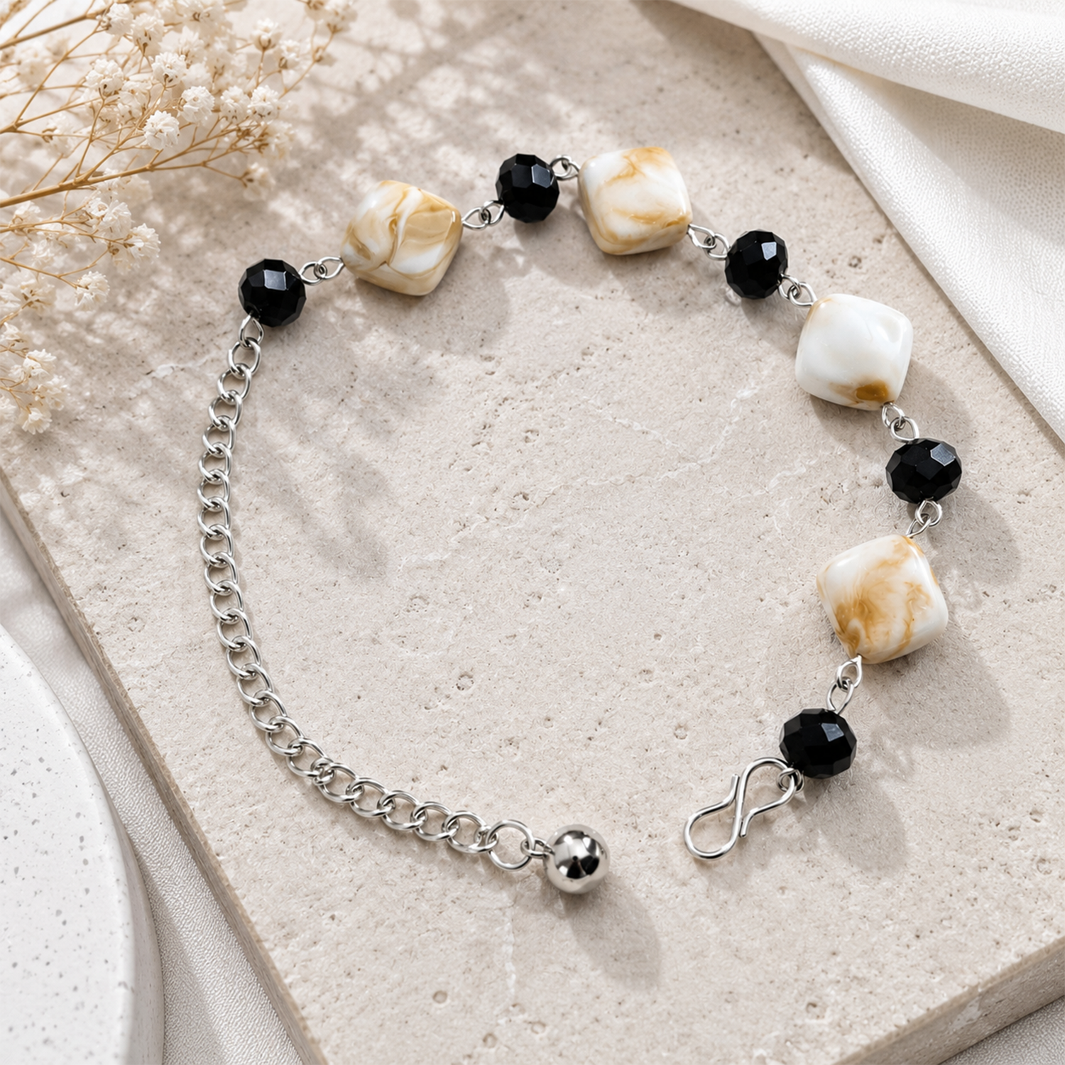 Square Brown Blocks & Black Beads Bracelet for Girls & Women's