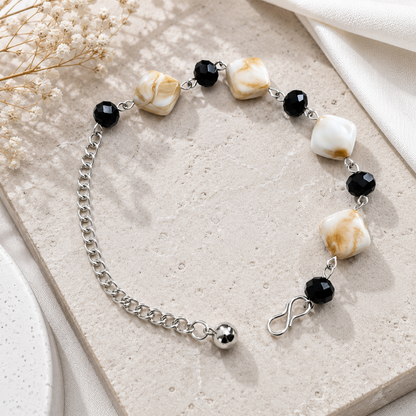 Square Brown Blocks & Black Beads Bracelet for Girls & Women's