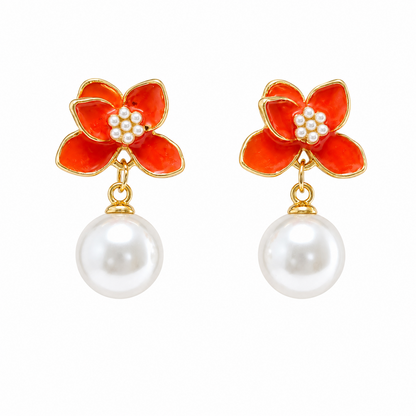Stylish Vibrant Enamel Petals Pearl Drop Earrings For Girls & Women