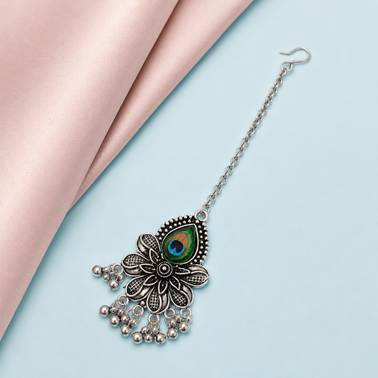Oxidized Silver Floral Leaves Maang Tikka for Girls & Women