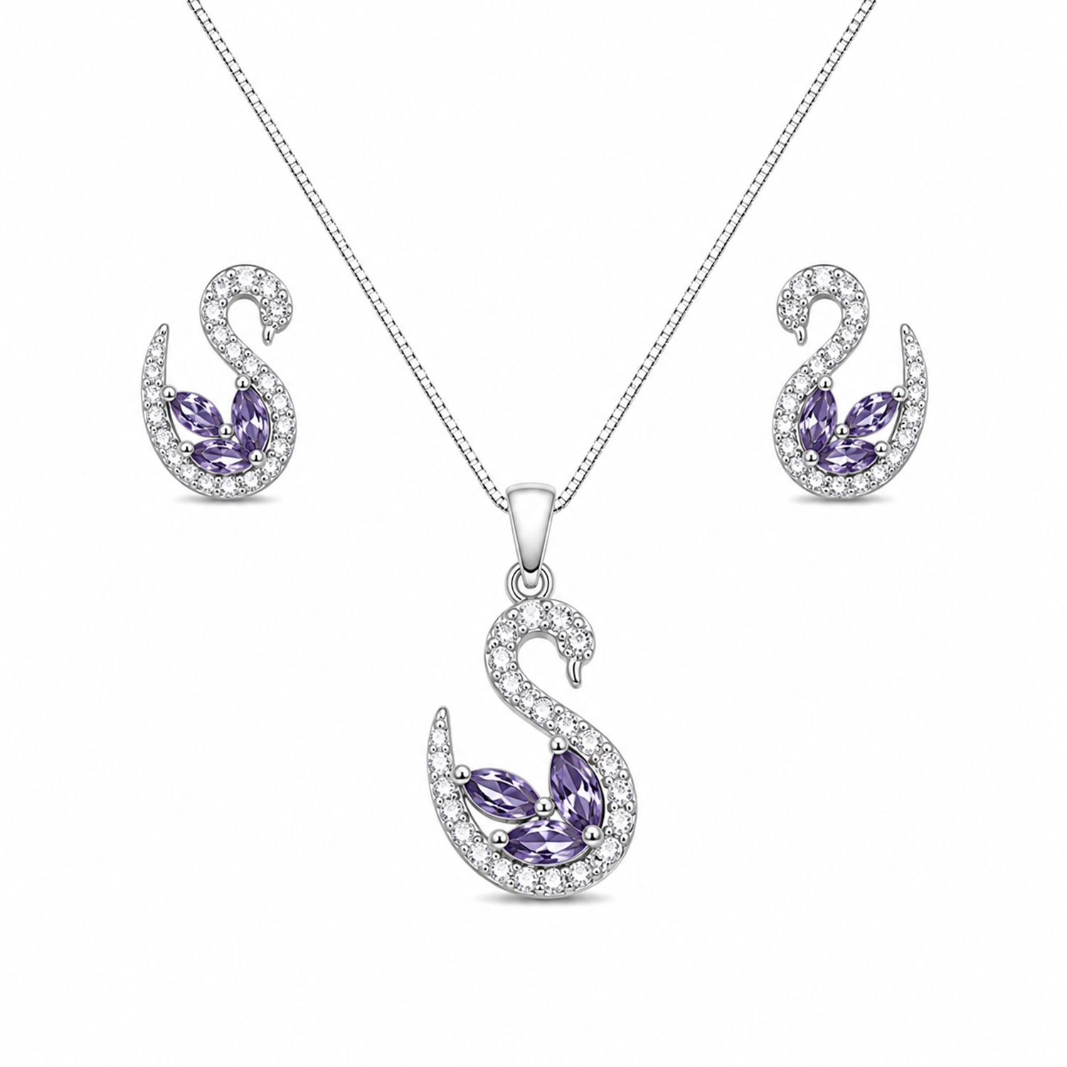Swan AD Stone Rhodium Finish Pendant Set for Girls & Women's