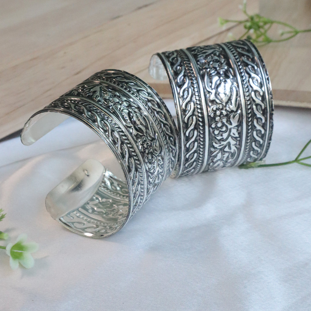 Oxidised Silver Engraved Floral Cuff Bracelet