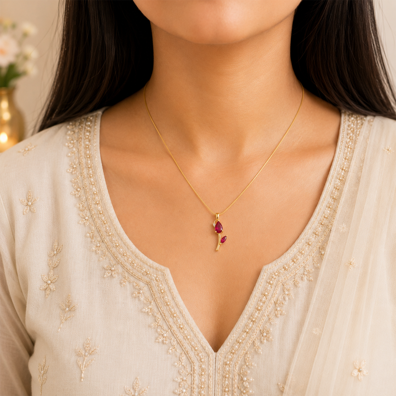 Tulip CZ Teardrop One Leaf Flower Pendant Necklace For Girls & Women's