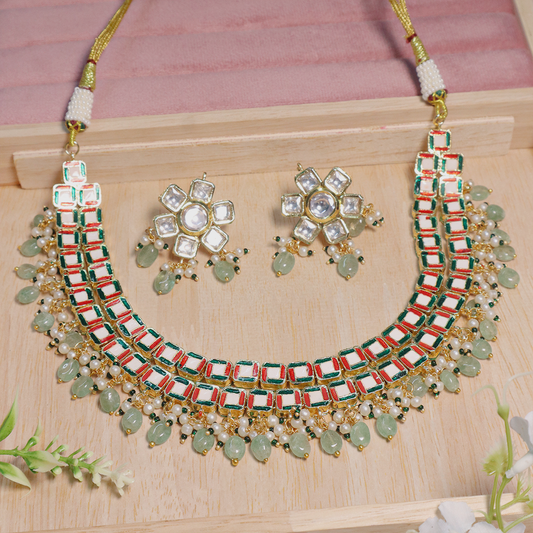 Gold Plated White & Sea Green Pearl Kundan Chokar Necklace With Earrings