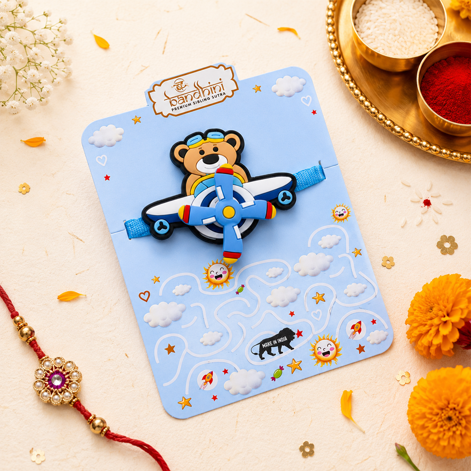 Cute Teddy Bear Airplane Kids Rakhi for Brother
