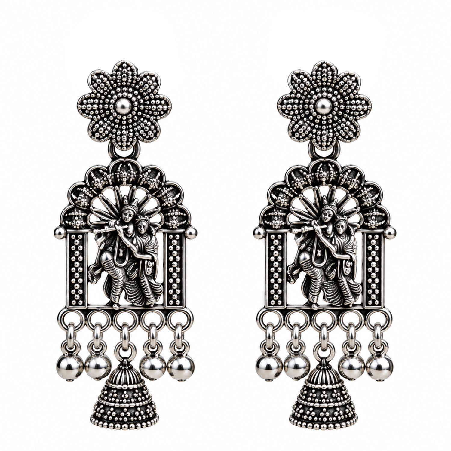 Oxidised Silver Radha Krishna Jhumka Earrings for Women
