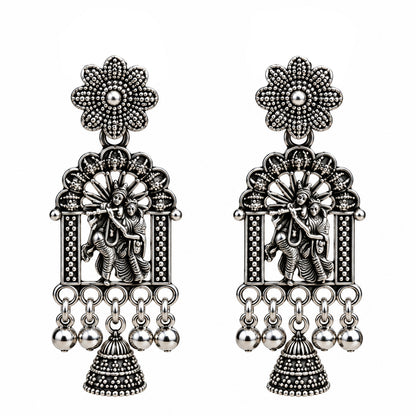 Oxidised Silver Radha Krishna Jhumka Earrings for Women