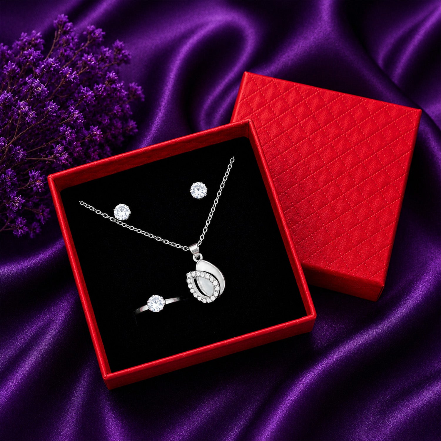 Silver-Tone CZ Stone Necklace Earrings & Ring Jewellery Set for Girls & Women