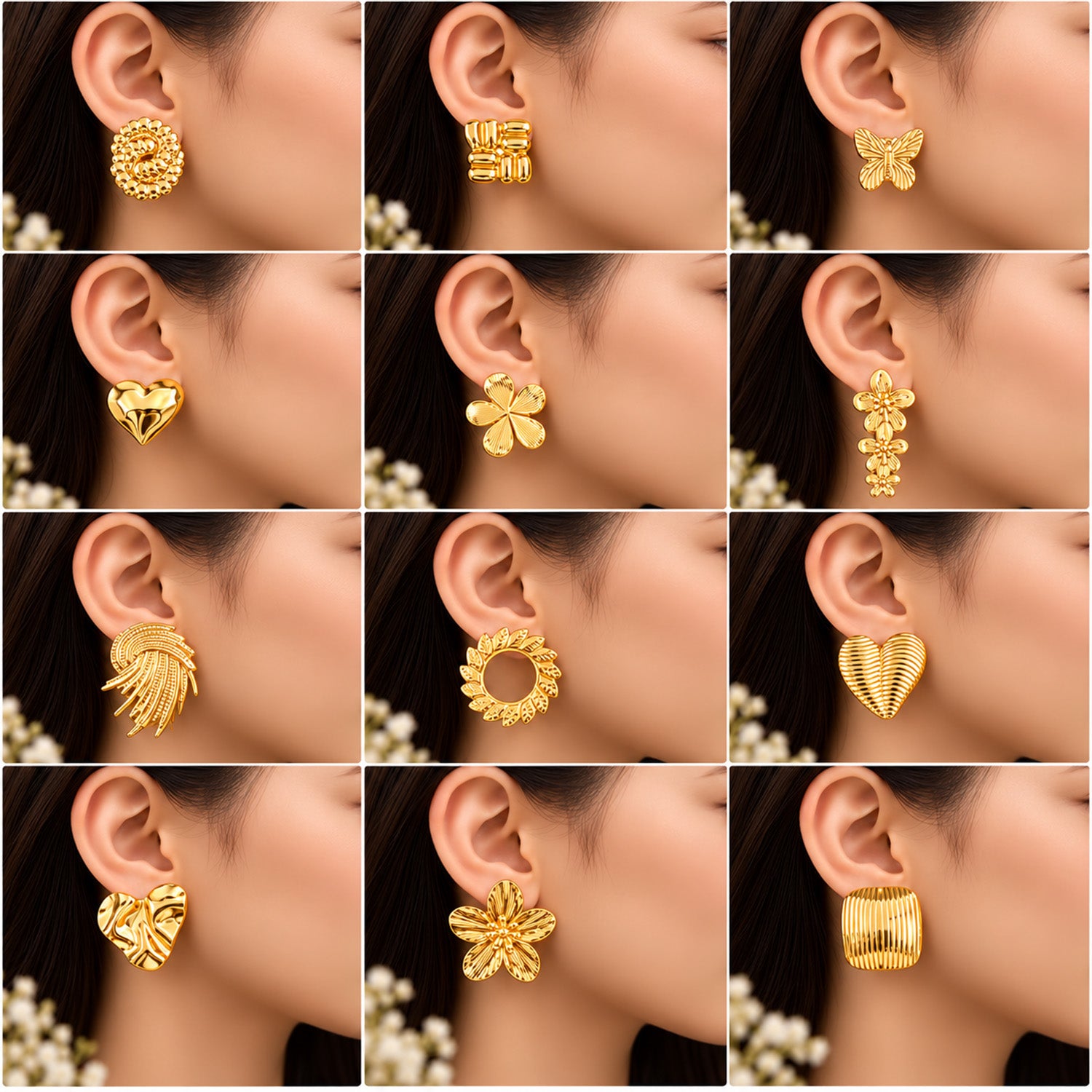 Gold Tone Stylish 16 Pairs Earrings for Women & Girls