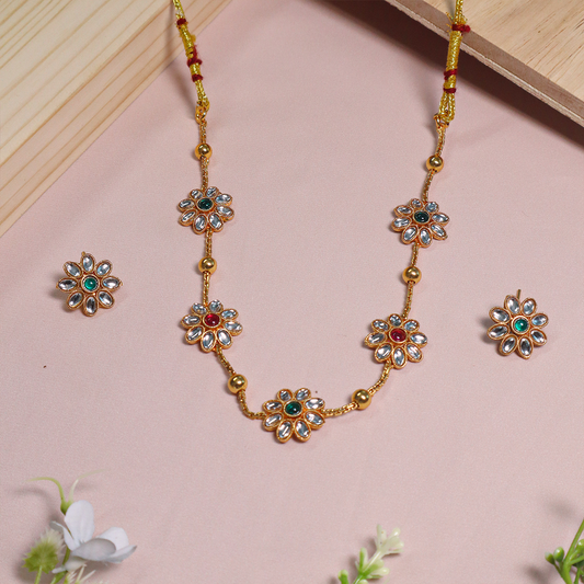 Gold Plated Multi-Color Floral Rajwada Necklace With Earrings
