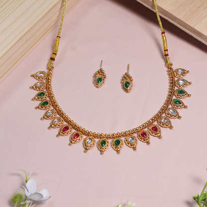 Gold Plated Teardrop Rose Gold Stone Studed Rajwada Necklace With Earrings